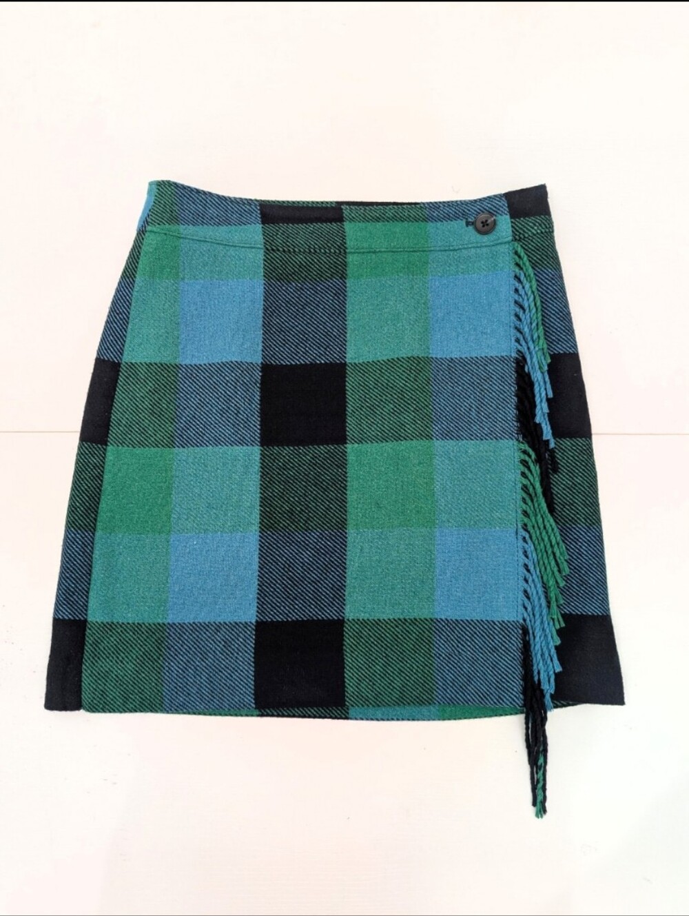 Talbots Wool Blend Plaid Faux Wrap Skirt Size 2P Blue Green Fringe Fall Winter